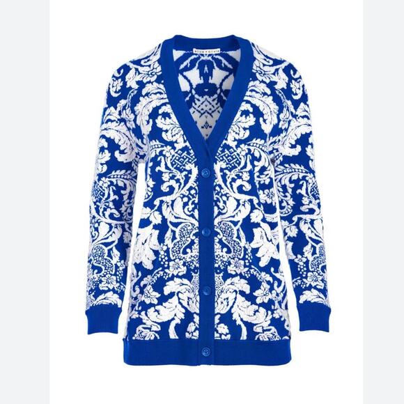 Alice + Olivia Bradford Paisley Grandpa Cardigan Blue White Size Large Sweater - Picture 5 of 14